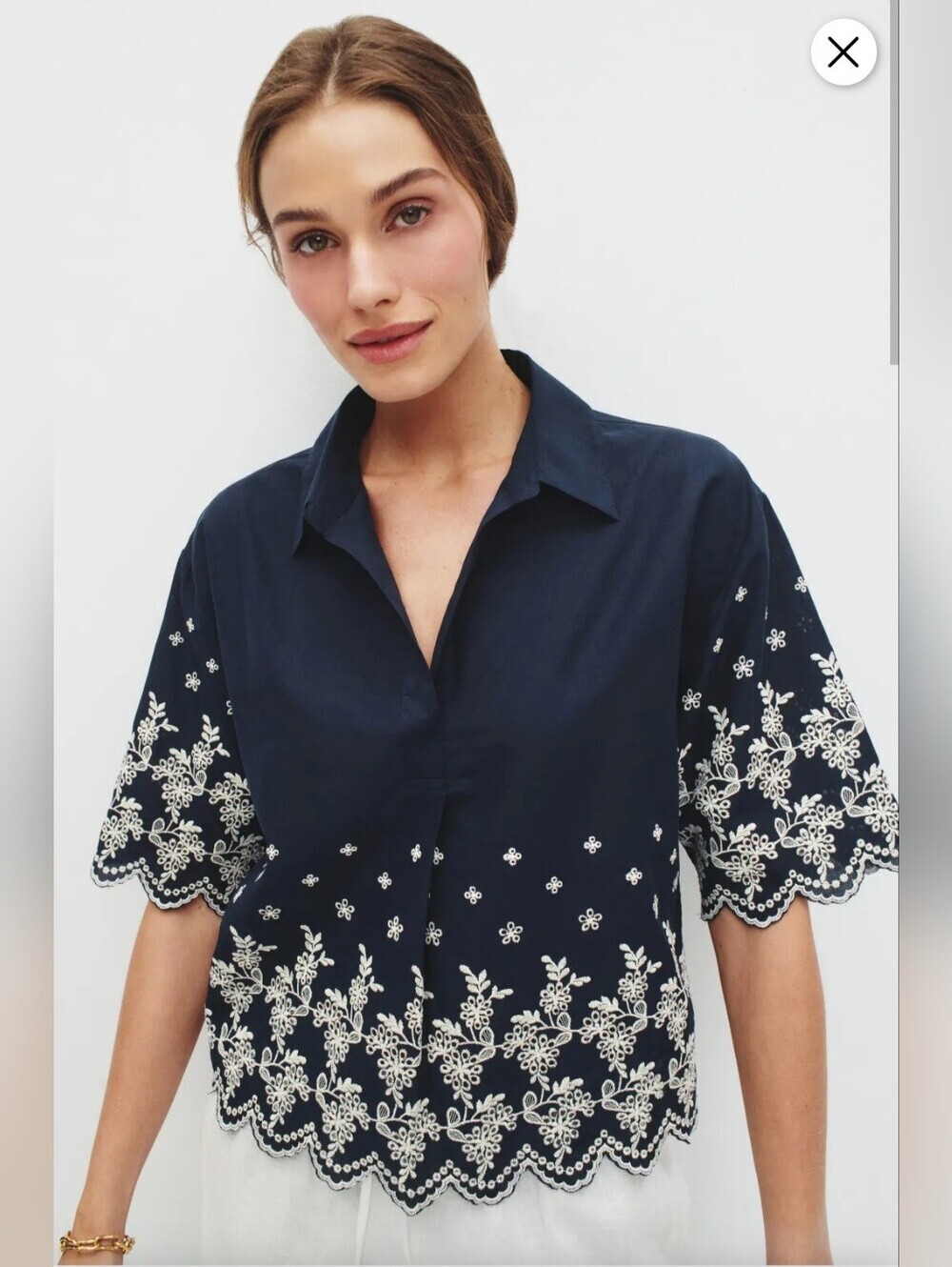 CeCe Women’s Navy Blue Embroidered Blouse Top XL Boho Floral Short Sleeve